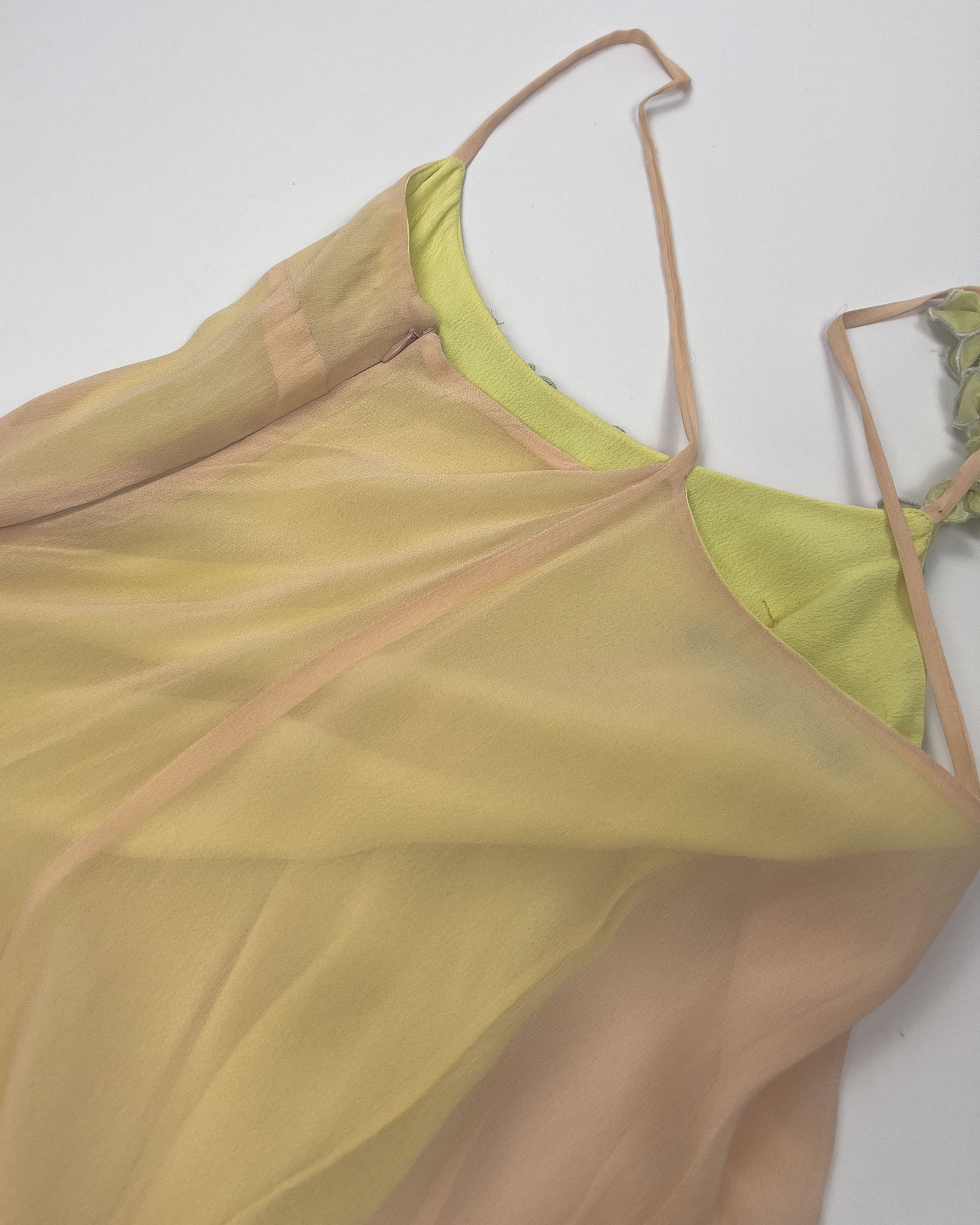 00's French Connection Slip Dress with Floral Applique in Nude / Yellow / Blue / Green - M