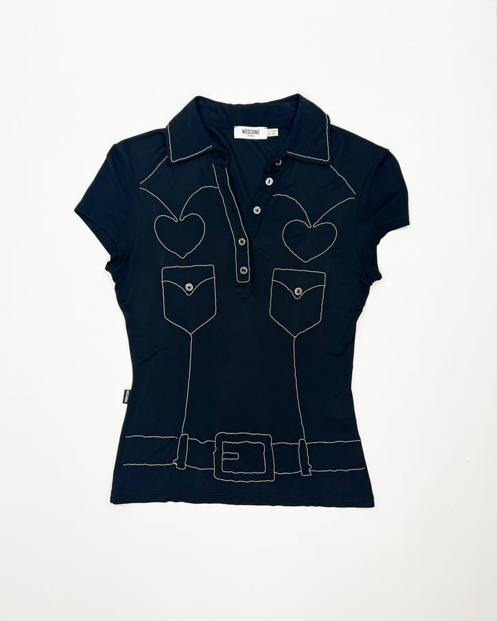 Late 90s Moschino Jeans trompe-l'œil Polo Top in Black with Silver Beading- M