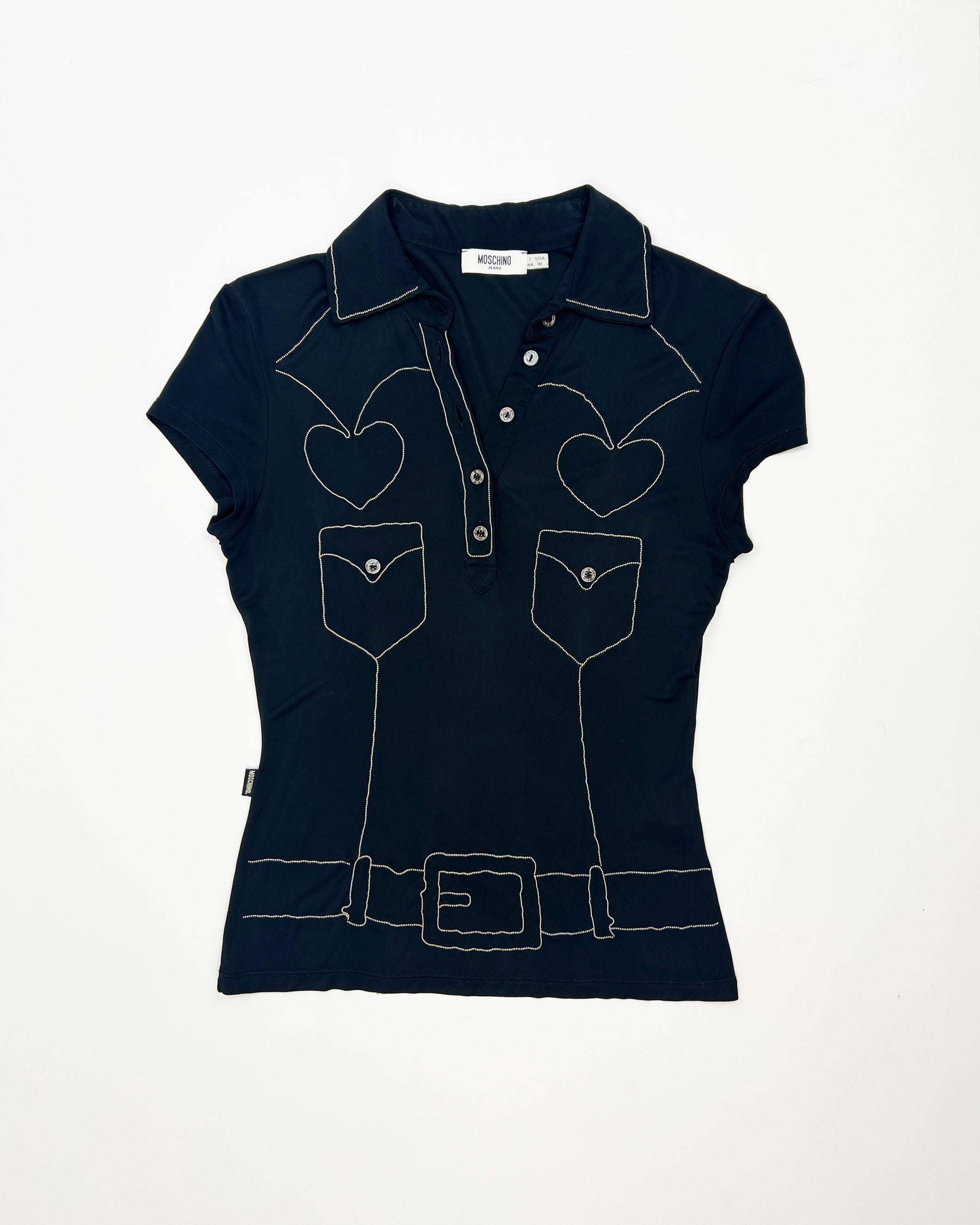 Late 90s Moschino Jeans trompe-l'œil Polo Top in Black with Silver Beading- M