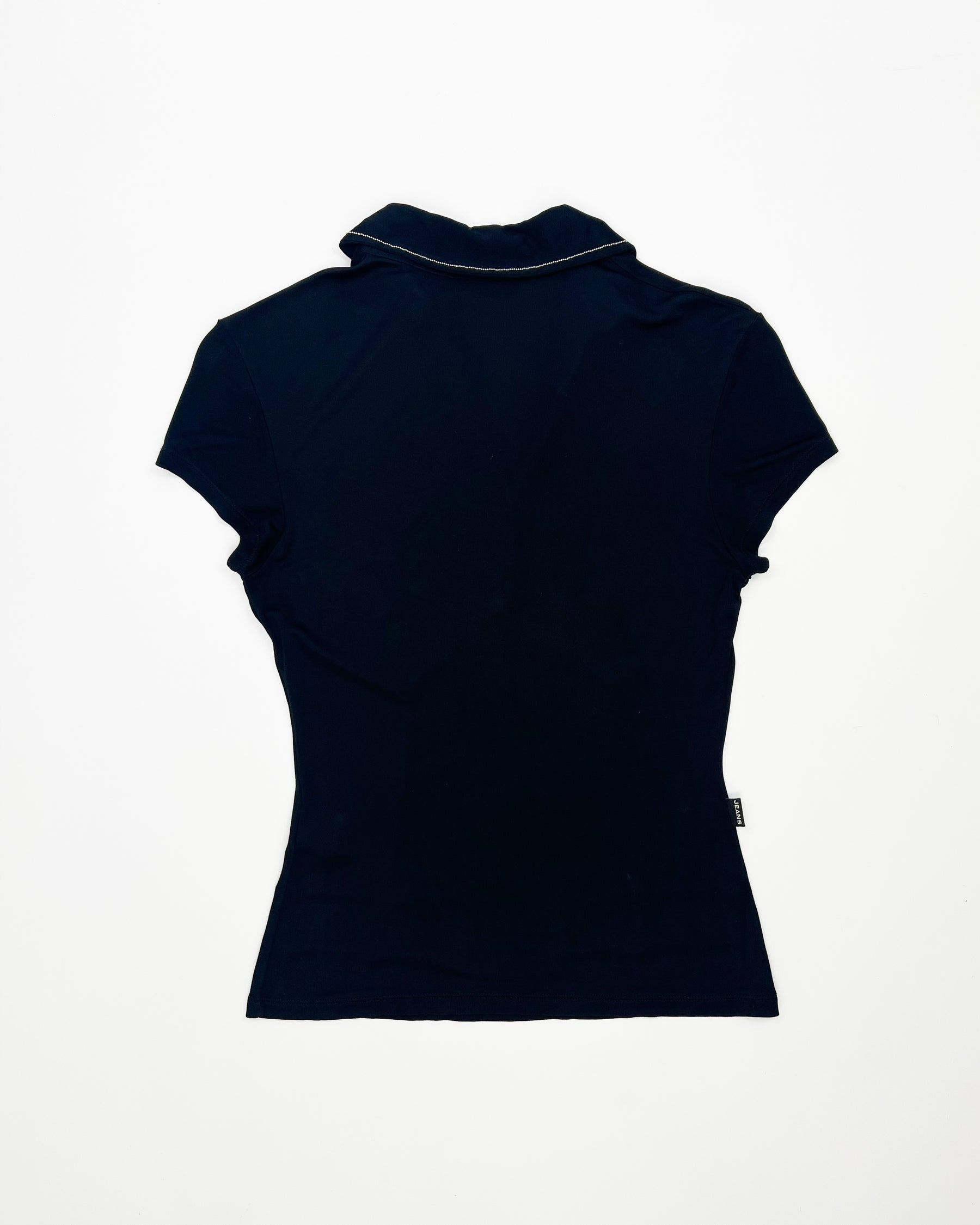Late 90s Moschino Jeans trompe-l'œil Polo Top in Black with Silver Beading- M