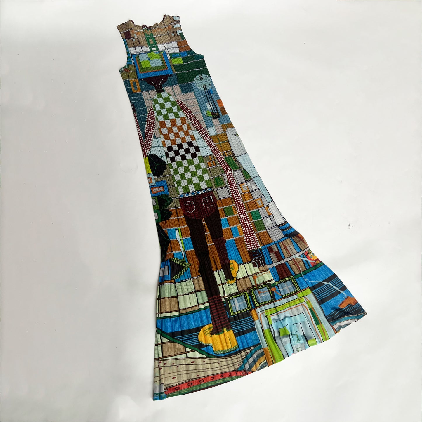 2001 Pleats Please Maxi Dress with Walking Man Print - S/M