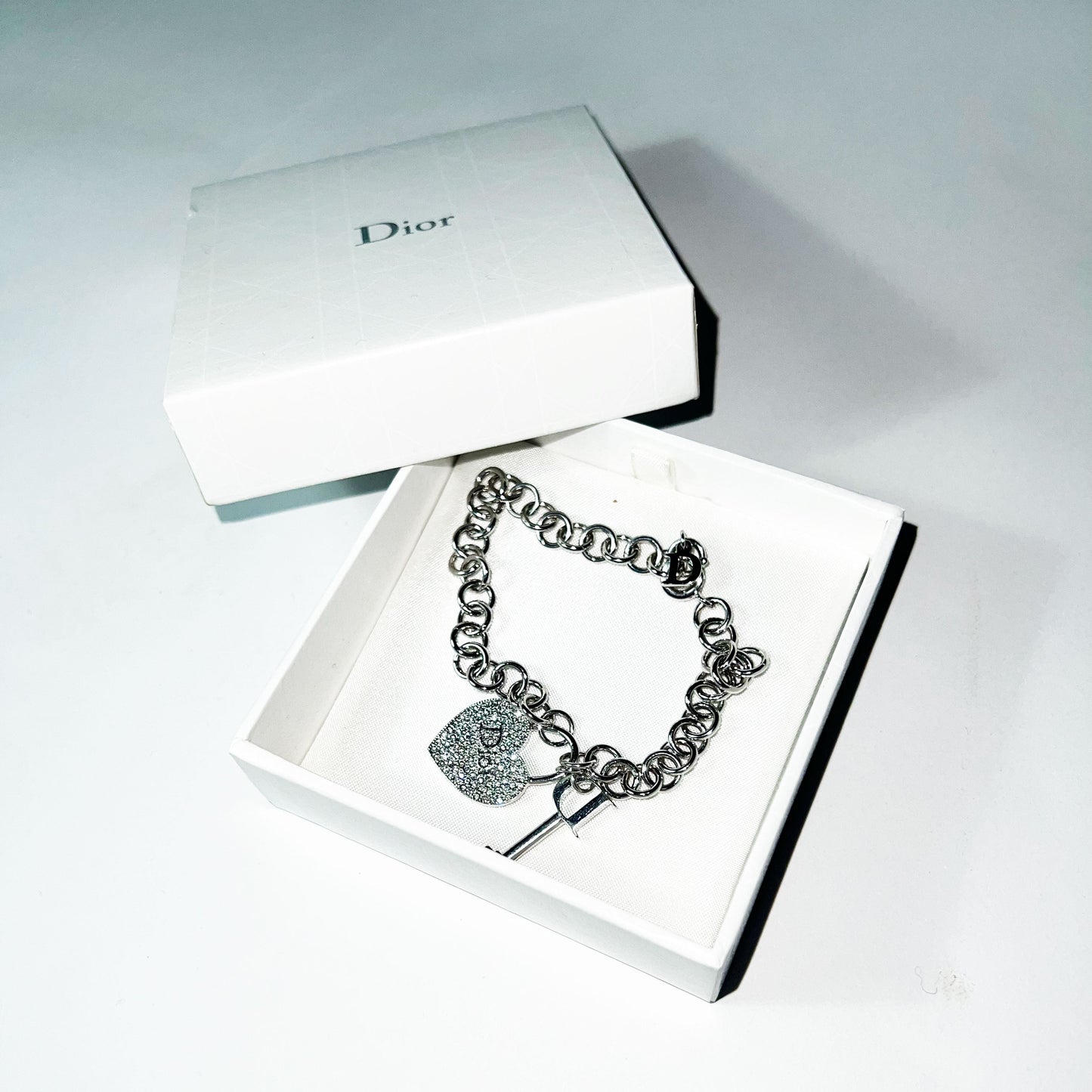 00's Dior Heart & Key Charm Bracelet in Silver