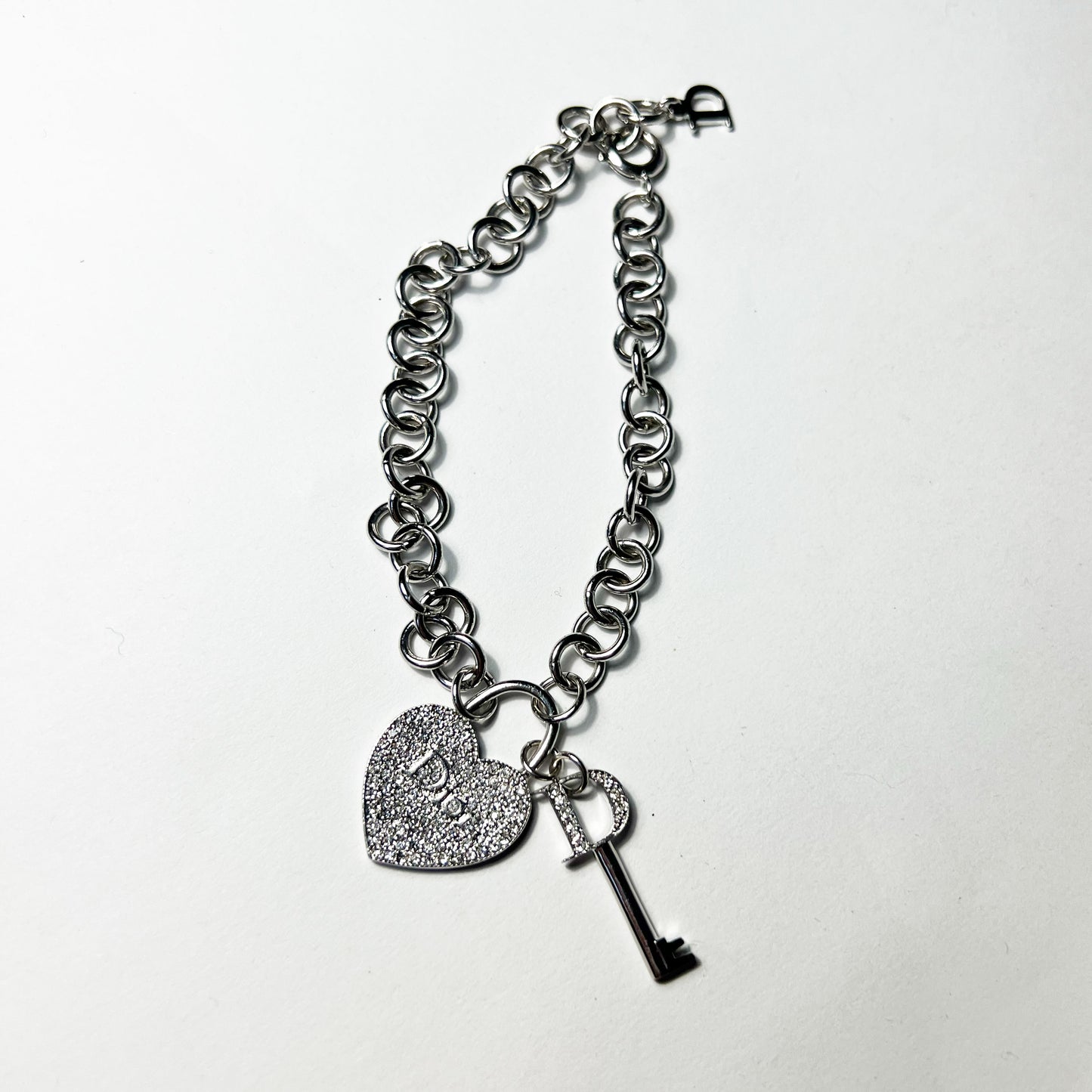 00's Dior Heart & Key Charm Bracelet in Silver