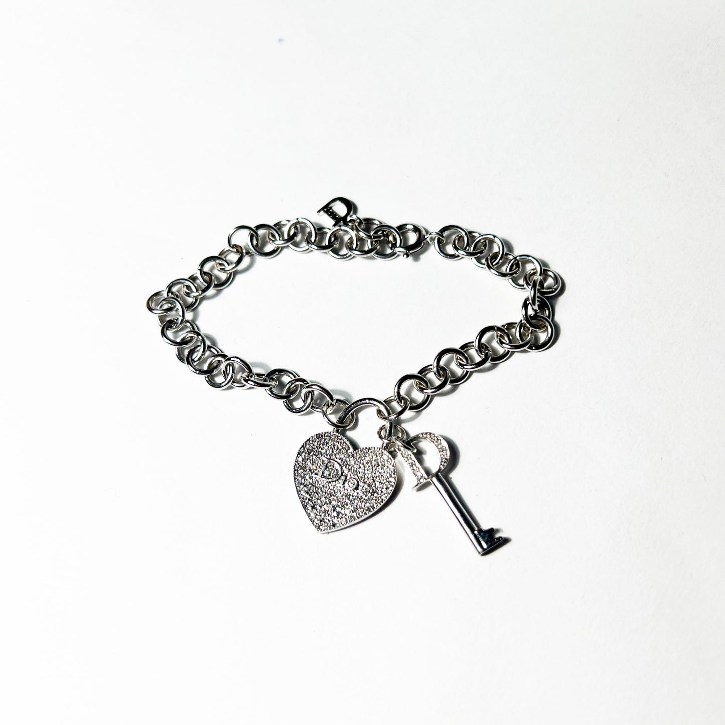 00's Dior Heart & Key Charm Bracelet in Silver