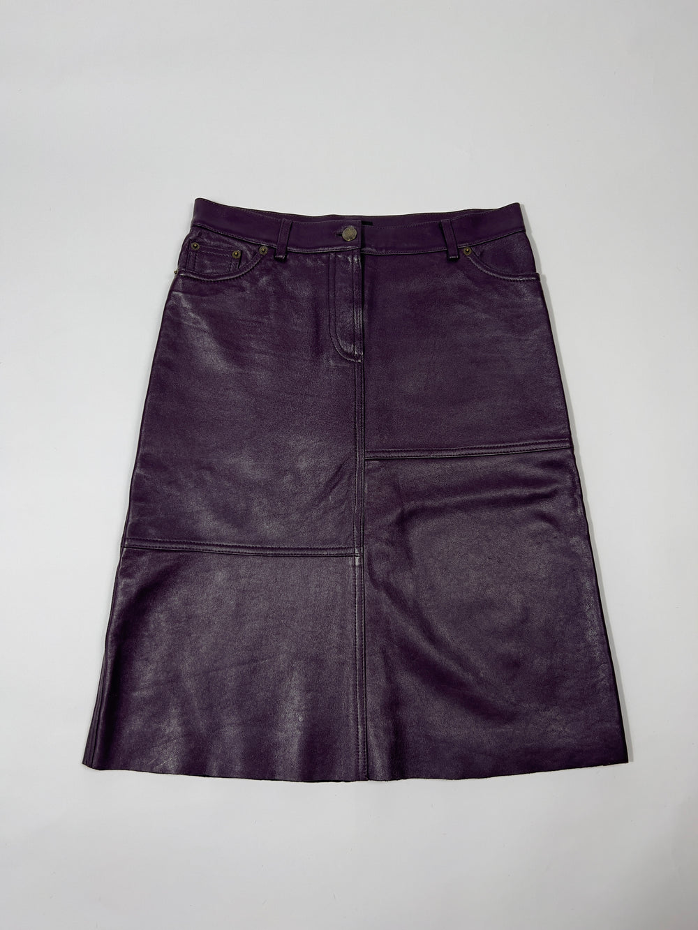 00's Plein Sud Leather Midi Skirt in Plum - XS