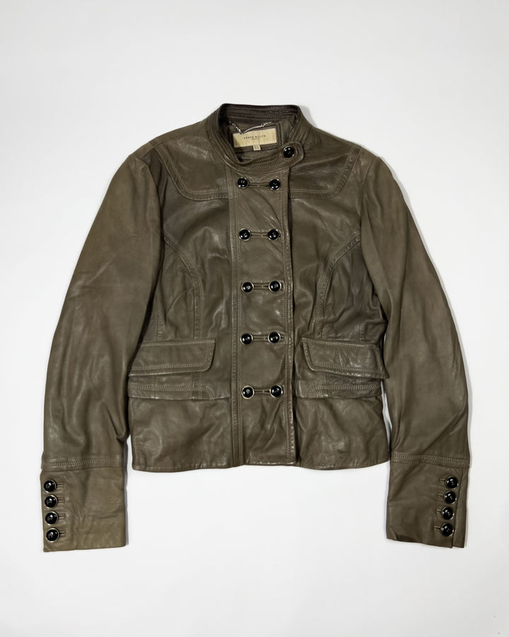 00s Vintage Leather Napoleon Jacket in Khaki - M / L
