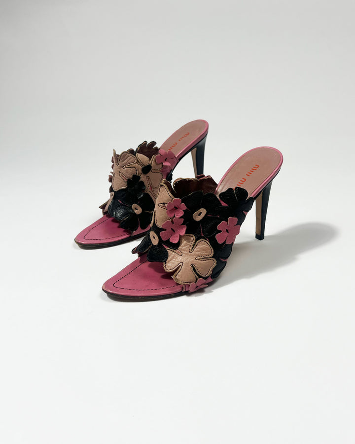 2000's Miu Miu Leather Floral Mules in Pink / Black - UK 5