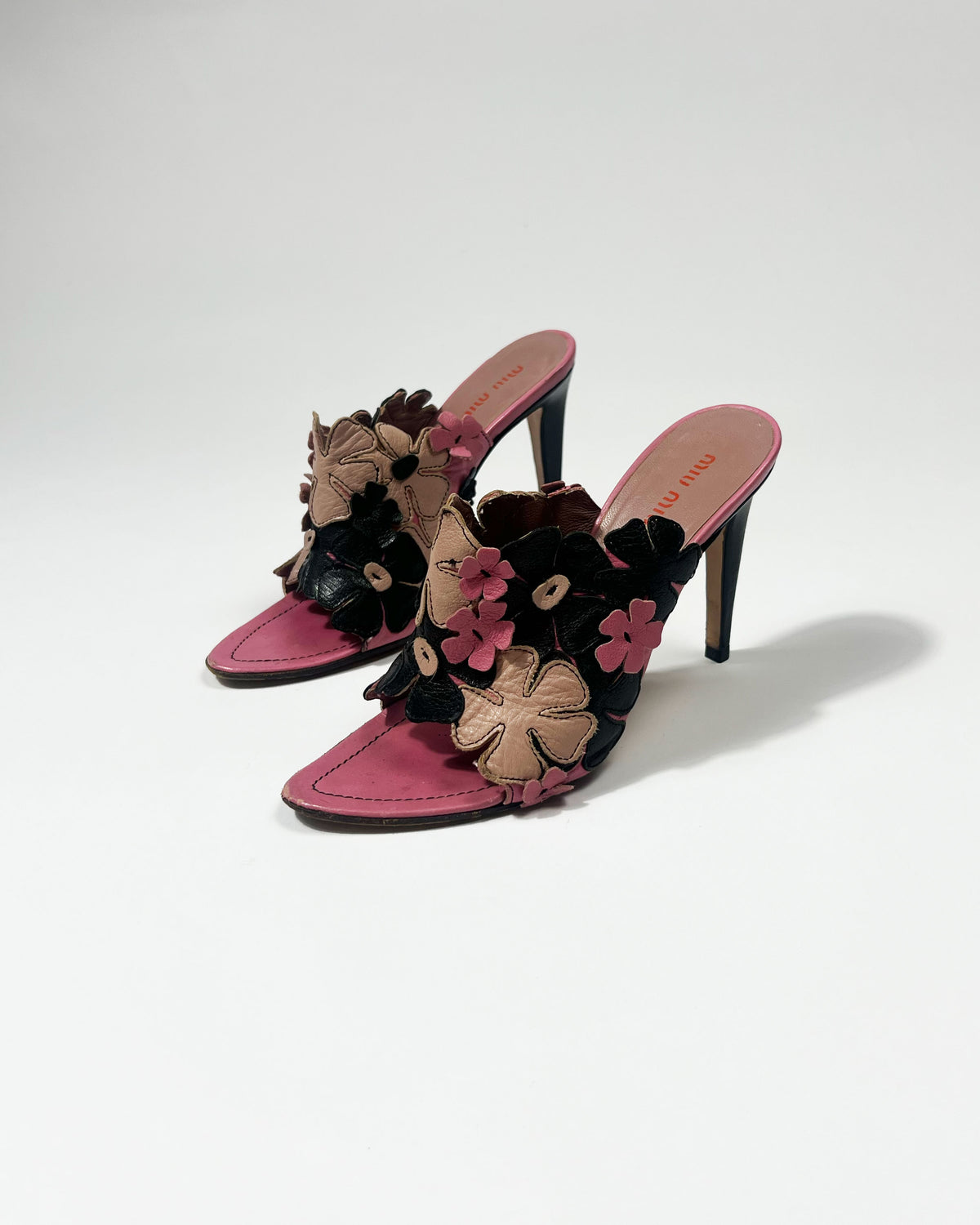 2000's Miu Miu Leather Floral Mules in Pink / Black - UK 5