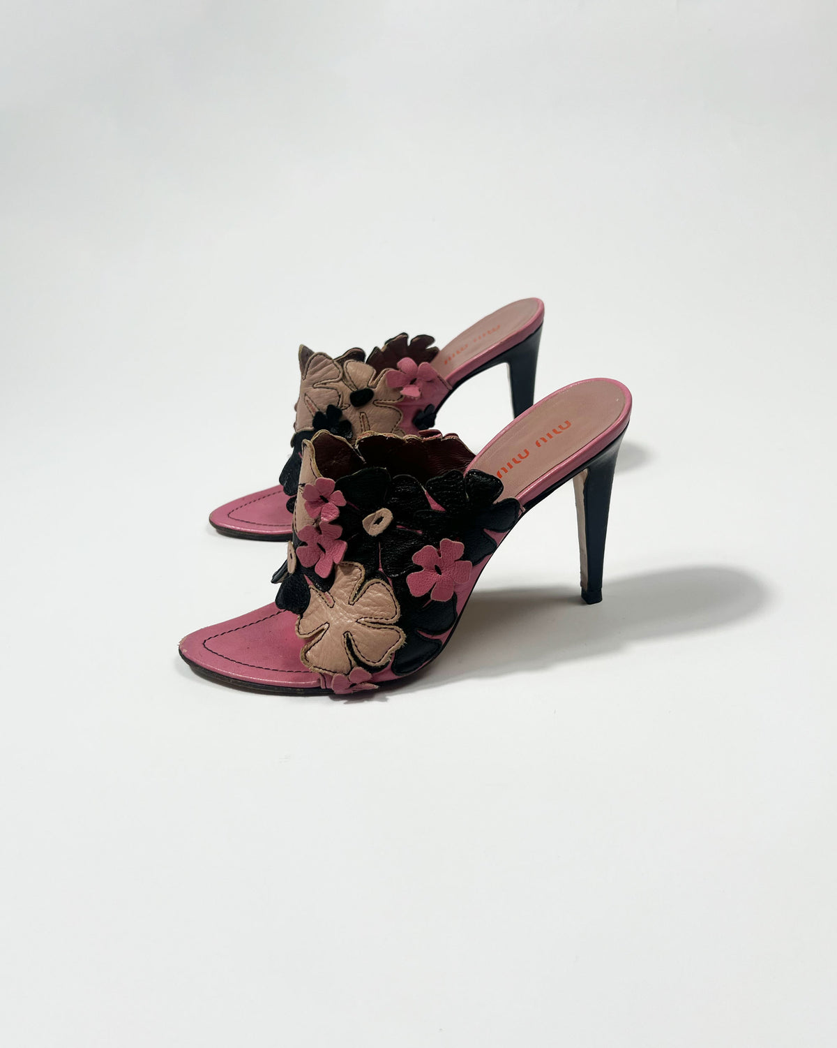 2000's Miu Miu Leather Floral Mules in Pink / Black - UK 5