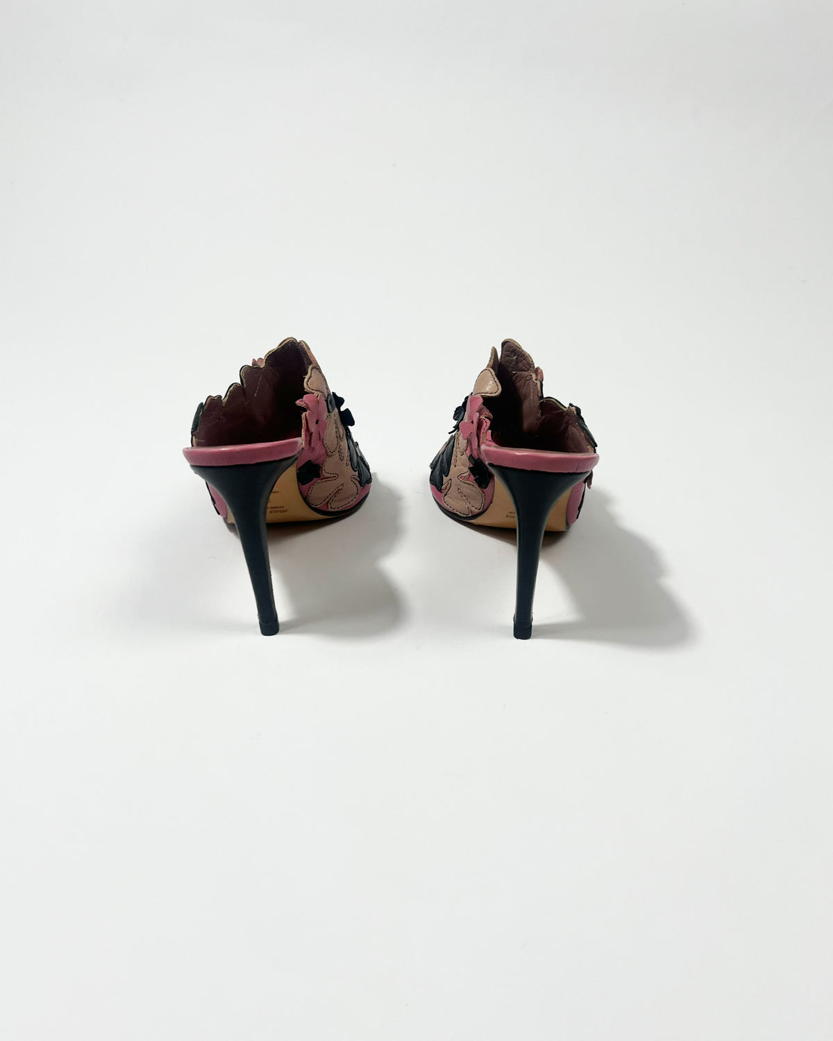 2000's Miu Miu Leather Floral Mules in Pink / Black - UK 5