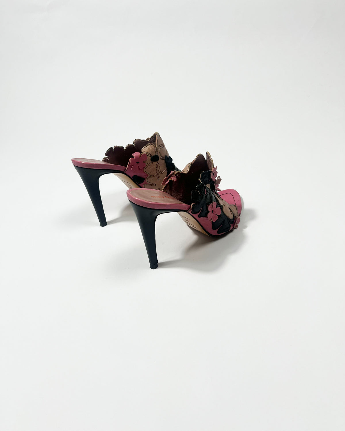 2000's Miu Miu Leather Floral Mules in Pink / Black - UK 5