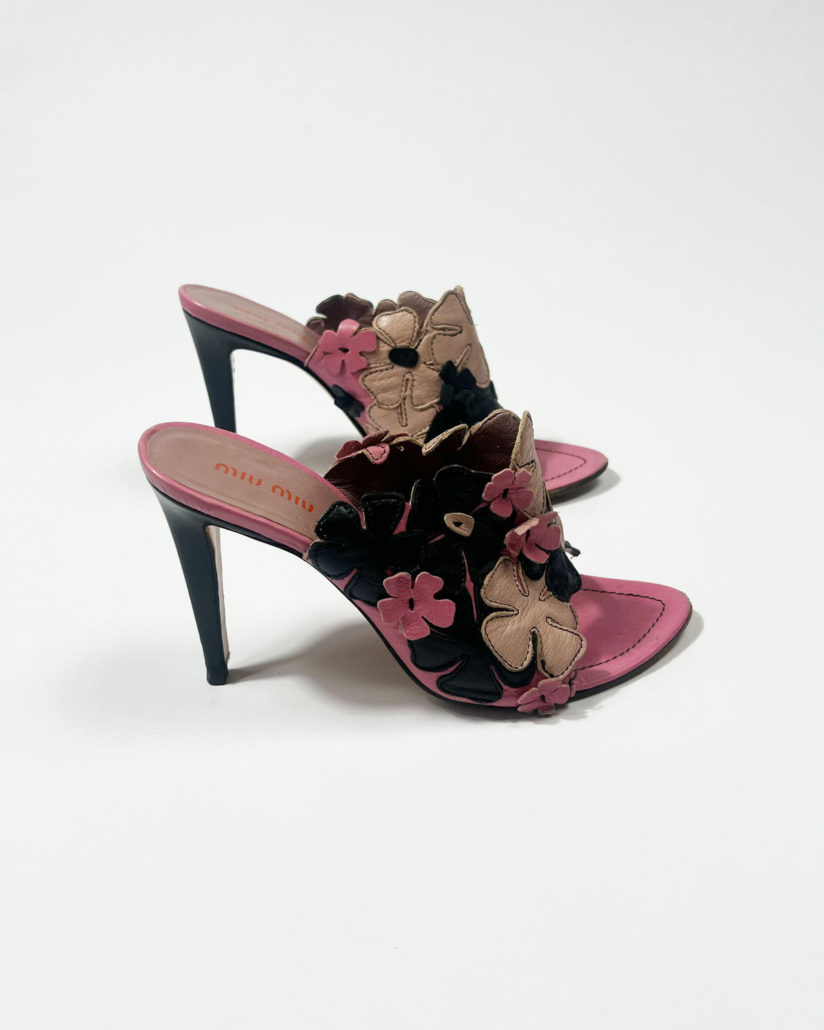 2000's Miu Miu Leather Floral Mules in Pink / Black - UK 5