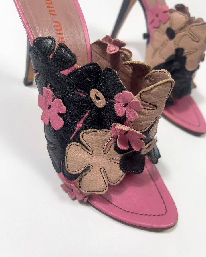 2000's Miu Miu Leather Floral Mules in Pink / Black - UK 5