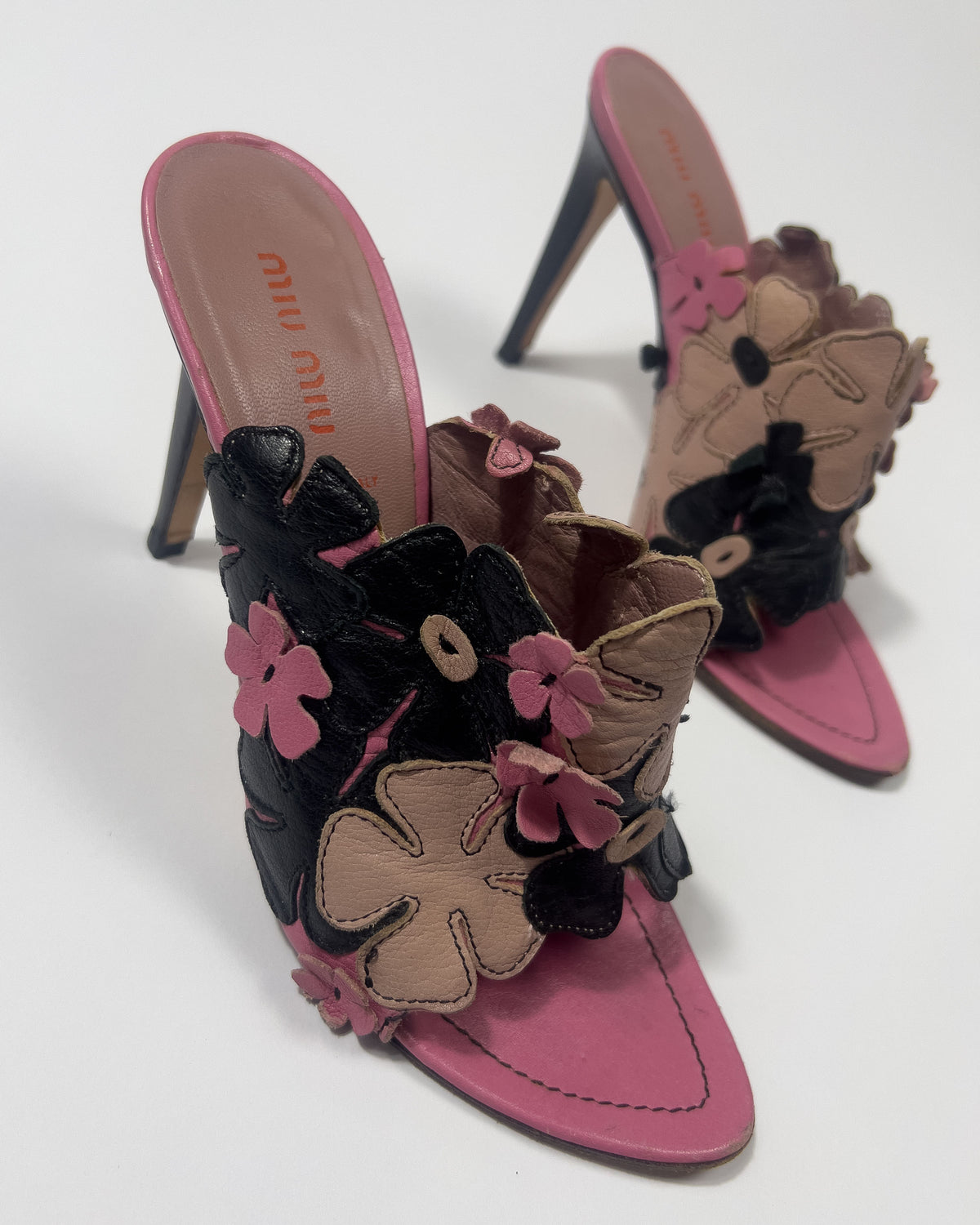 2000's Miu Miu Leather Floral Mules in Pink / Black - UK 5
