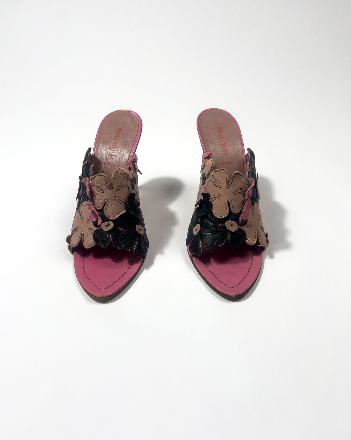 2000's Miu Miu Leather Floral Mules in Pink / Black - UK 5