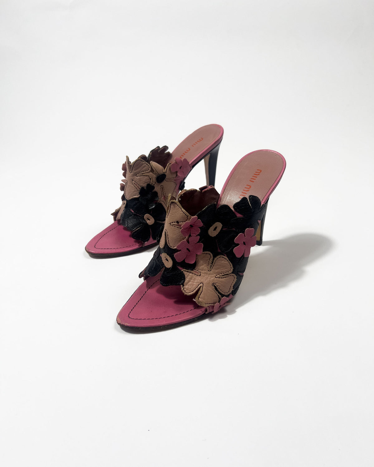 2000's Miu Miu Leather Floral Mules in Pink / Black - UK 5