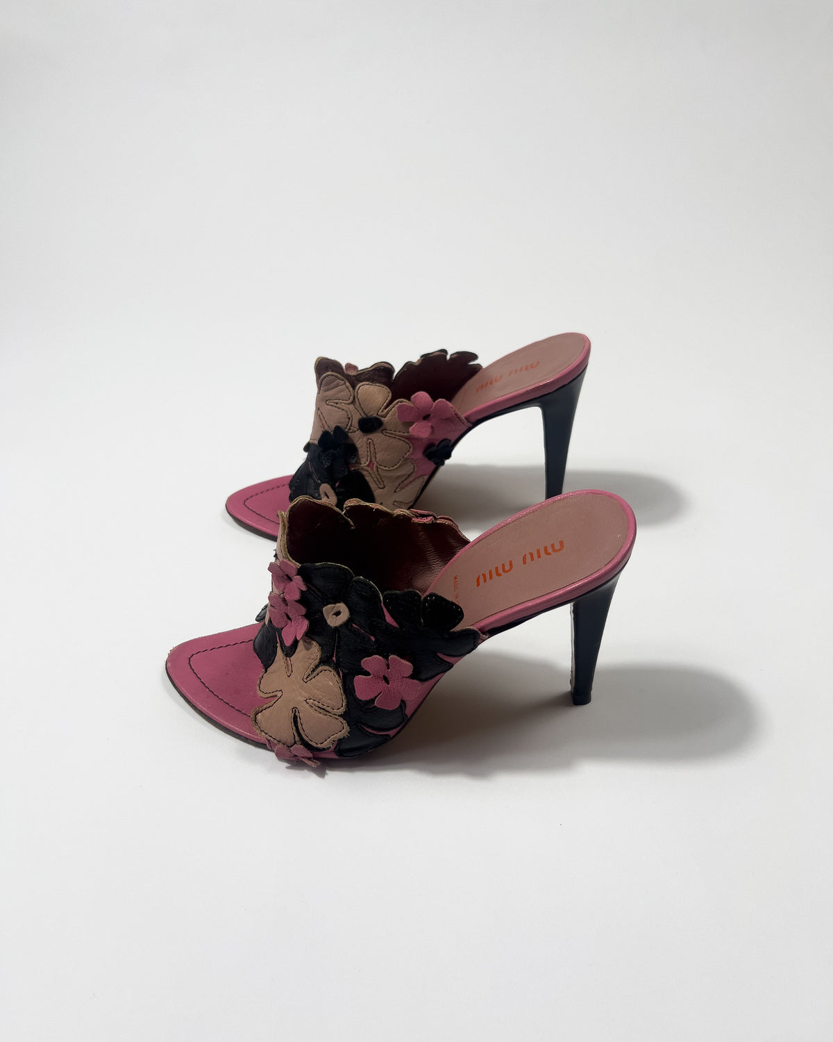 2000's Miu Miu Leather Floral Mules in Pink / Black - UK 5