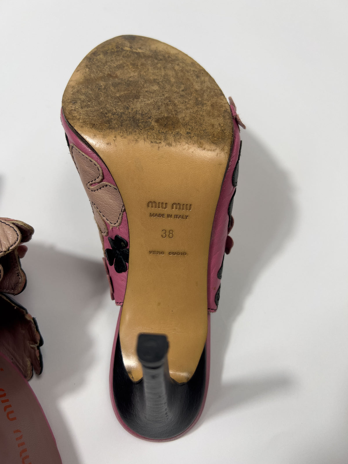 2000's Miu Miu Leather Floral Mules in Pink / Black - UK 5