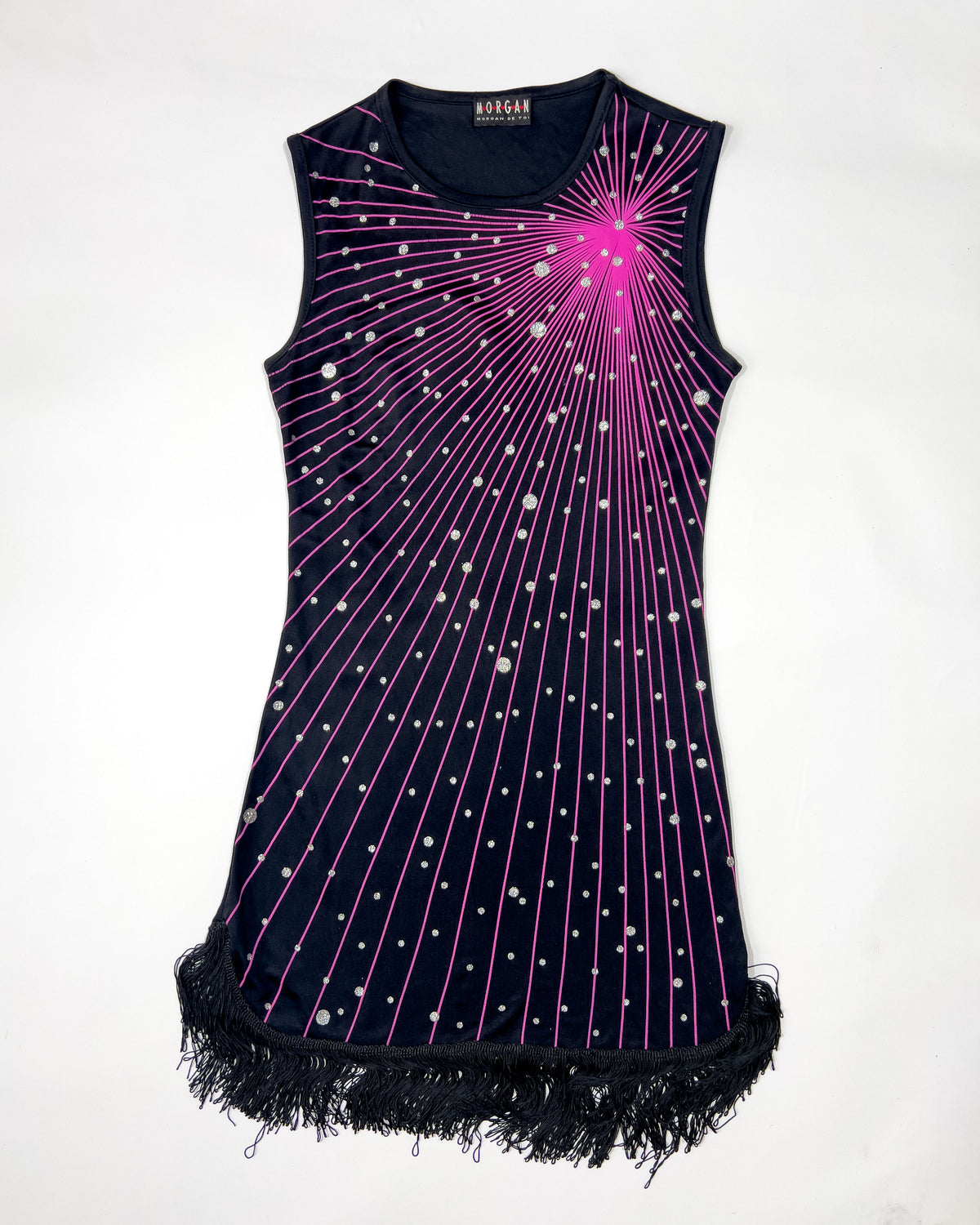 90's Morgan De Toi Starburst Print Dress with Fringe Hem in Black / Fuschia / Silver - S