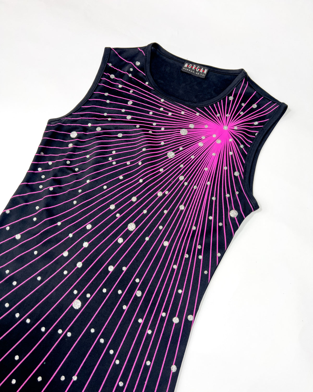 90's Morgan De Toi Starburst Print Dress with Fringe Hem in Black / Fuschia / Silver - S