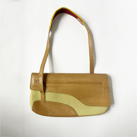 Miu Miu SS 2000 Leather and Mesh Shoulder Bag in Tan 
