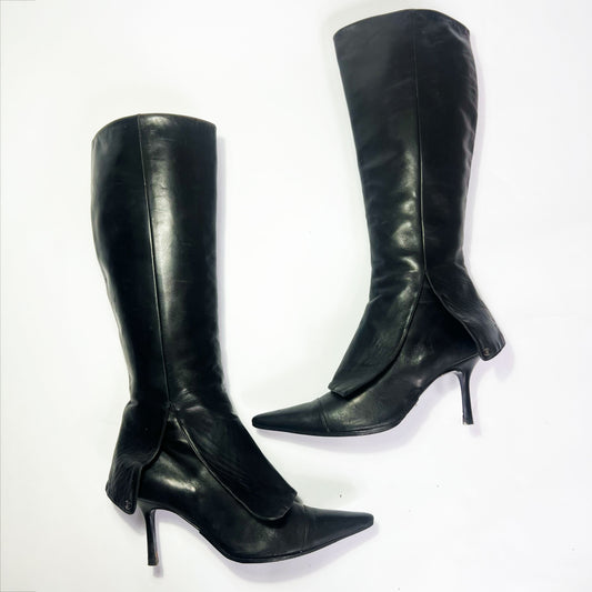 Vintage Chanel Leather Knee High Stiletto Boots with Fold Detail - UK 7 