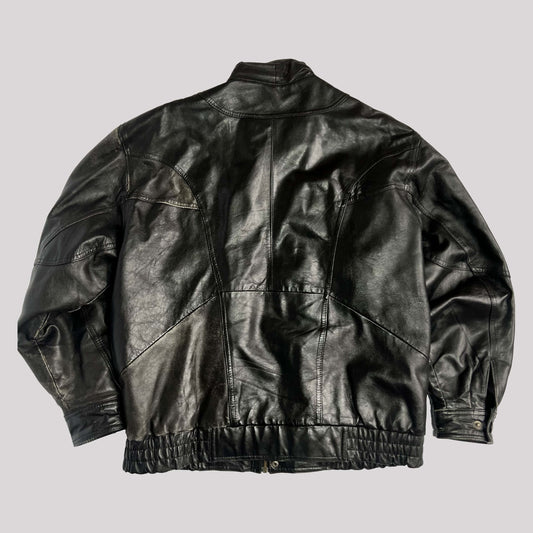 Vintage Leather Bomber Jacket with High Neck in Black - L 