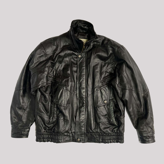 Vintage Leather Bomber Jacket with High Neck in Black - L 