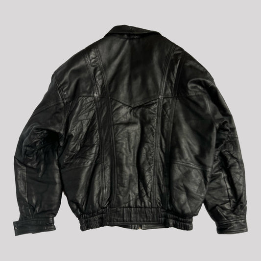 Vintage Leather Bomber Jacket with Utility Pockets in Black - L 