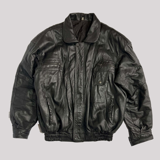 Vintage Leather Bomber Jacket with Utility Pockets in Black - L 