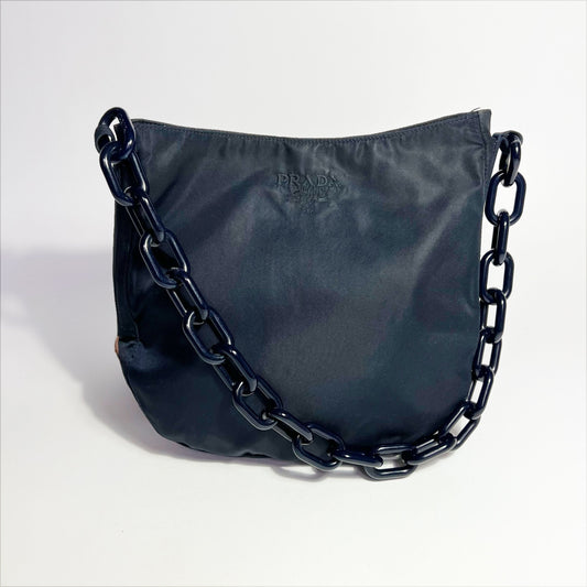 Vintage Prada Nylon Shoulder Bag with Acyrlic Chain Strap in Navy 