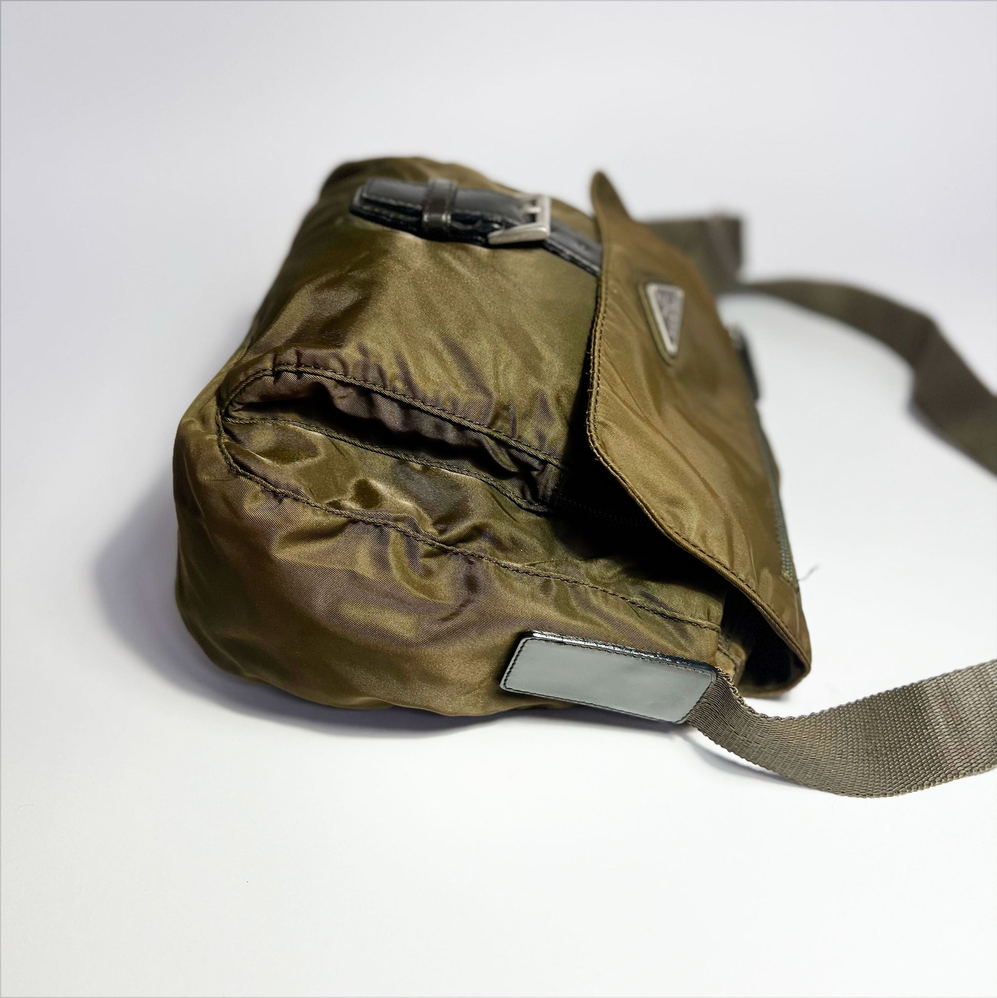 Vintage Prada Tessuto Messenger Crossbody Bag in Olive Green / Khaki 
