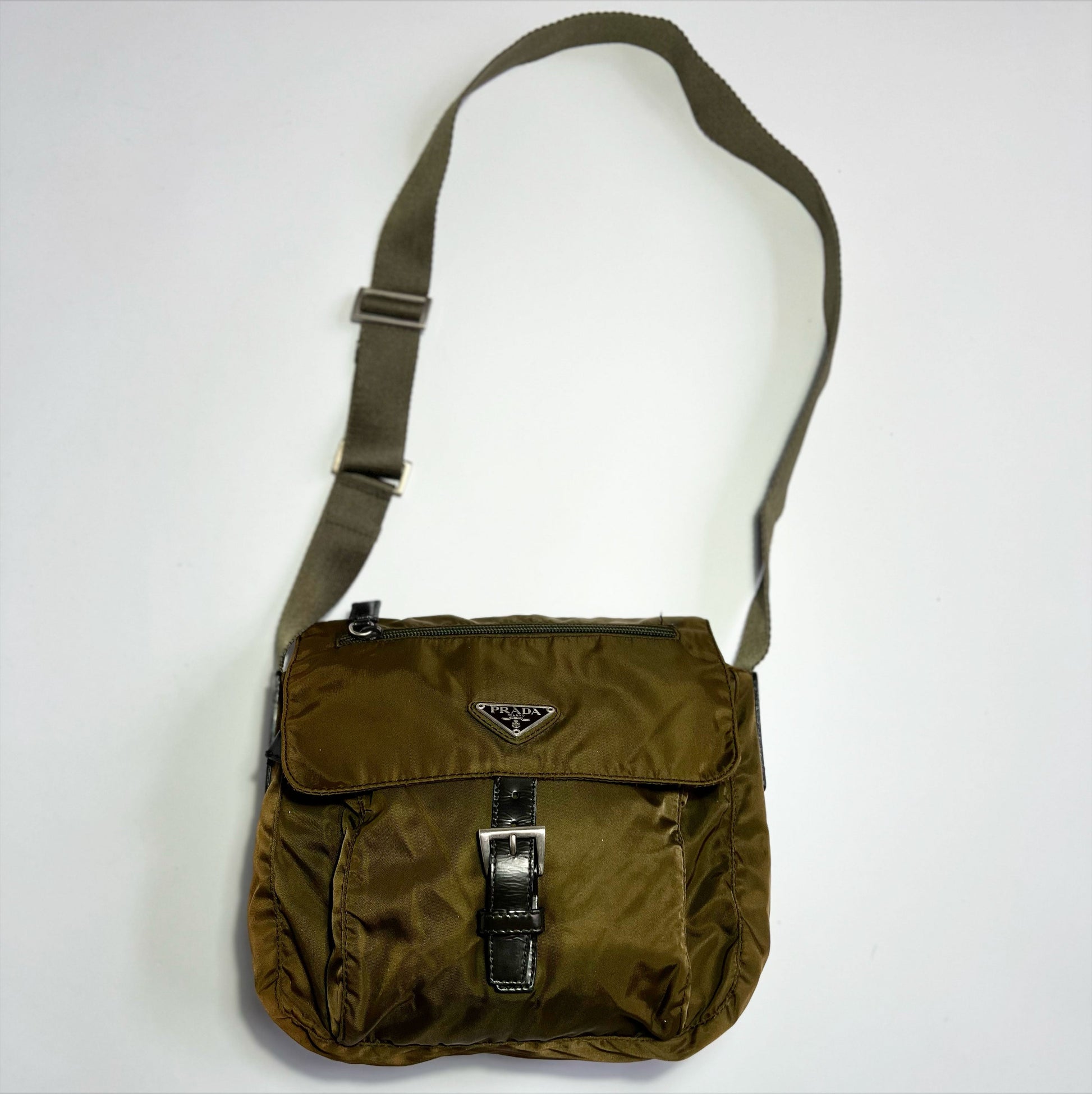 Vintage Prada Tessuto Messenger Crossbody Bag in Olive Green / Khaki 
