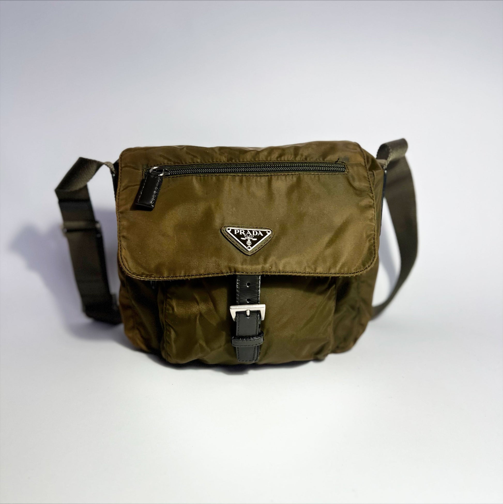 Vintage Prada Tessuto Messenger Crossbody Bag in Olive Green / Khaki 