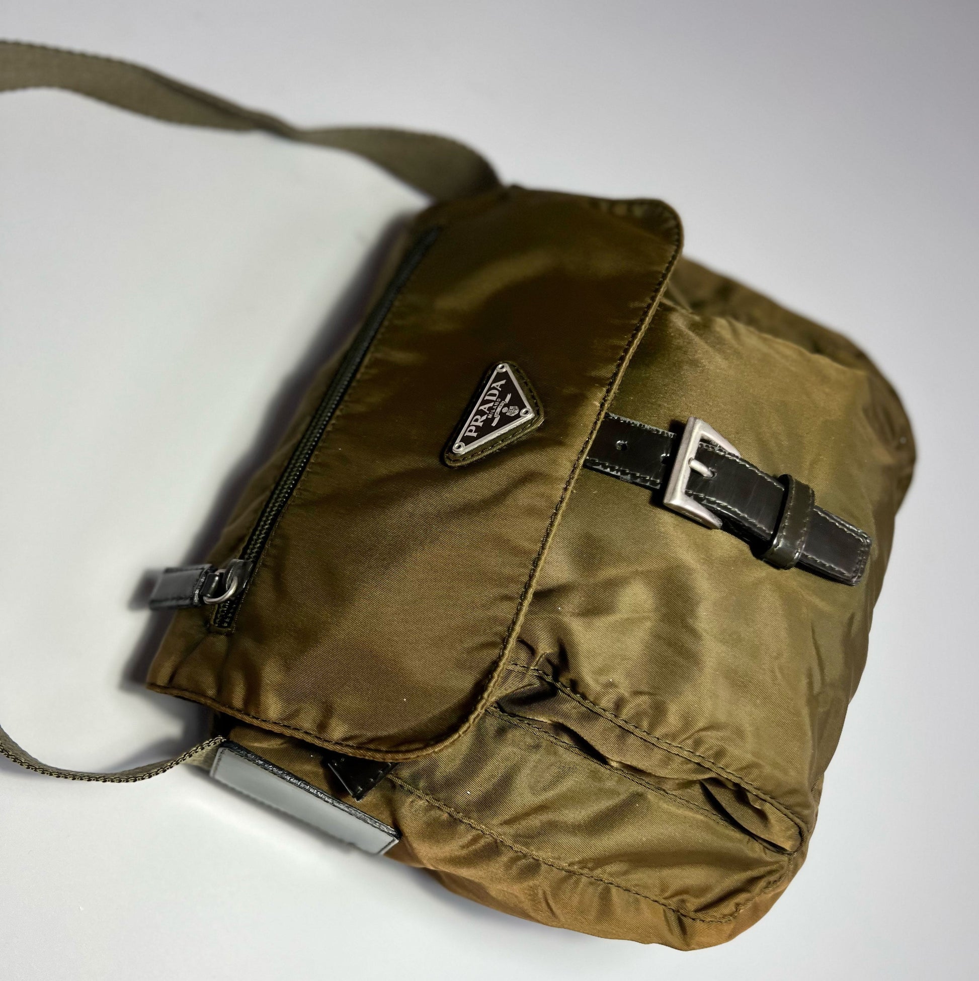 Vintage Prada Tessuto Messenger Crossbody Bag in Olive Green / Khaki 