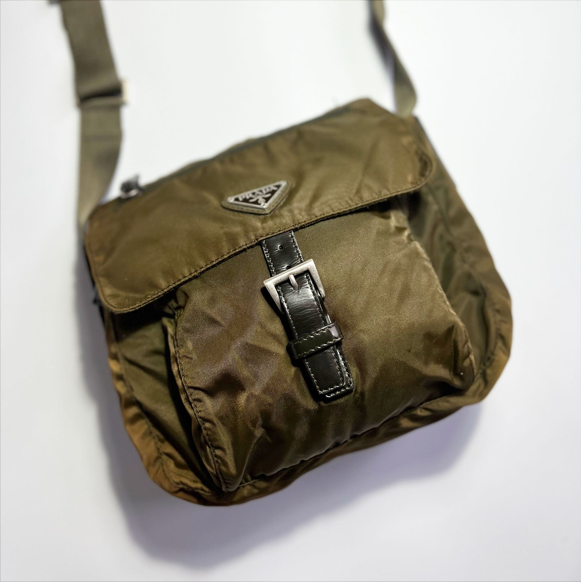 Vintage Prada Tessuto Messenger Crossbody Bag in Olive Green / Khaki 