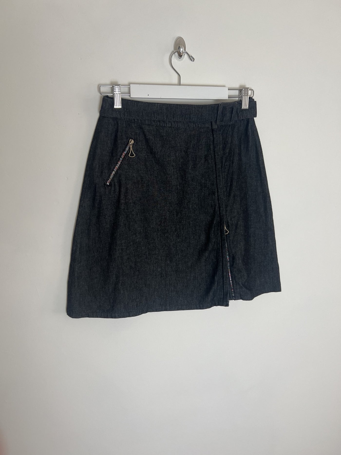 00's Mathew Williamson Chambray Denim Midi Skirt with Asymmetric Double Way Zip - W28