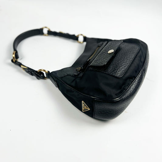 Vintage Prada Nylon & Leather Hobo bag with Gold Metal Detailing