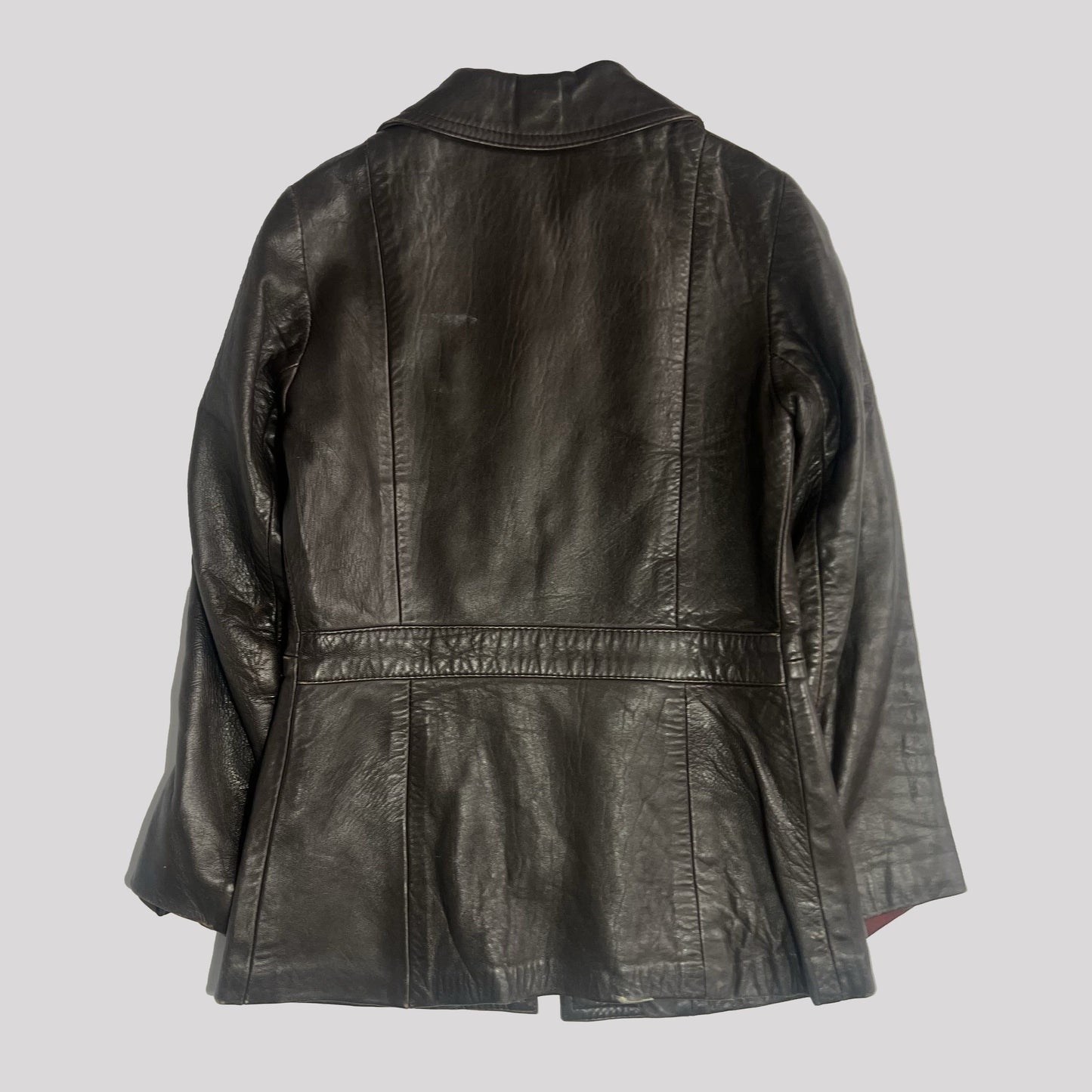 70's Fitted Leather Jacket with Peplum Hem in Brown - UK 10 