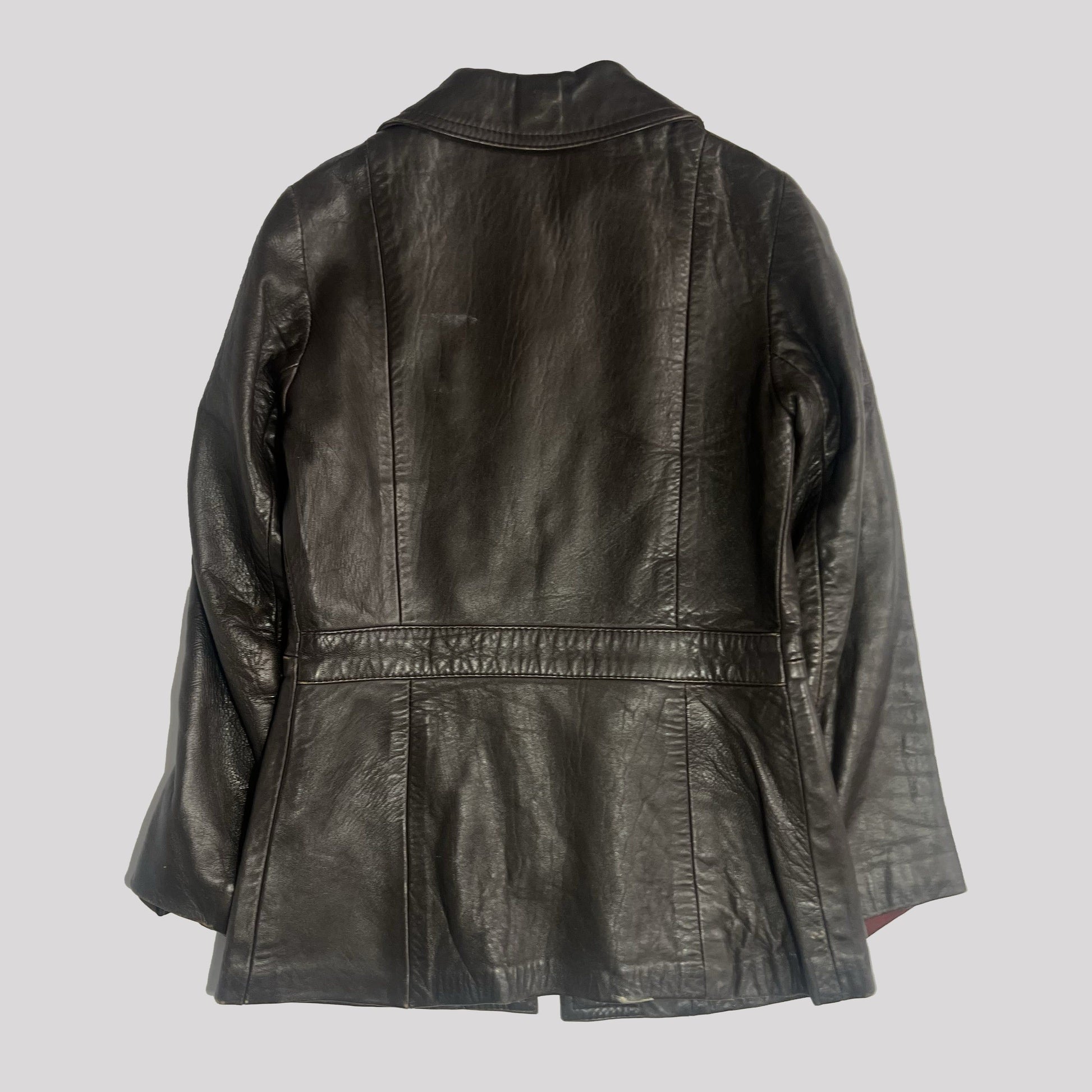 70's Fitted Leather Jacket with Peplum Hem in Brown - UK 10 