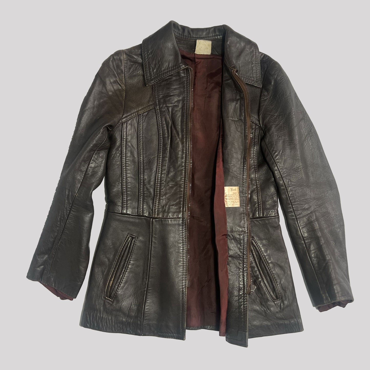 70's Fitted Leather Jacket with Peplum Hem in Brown - UK 10 