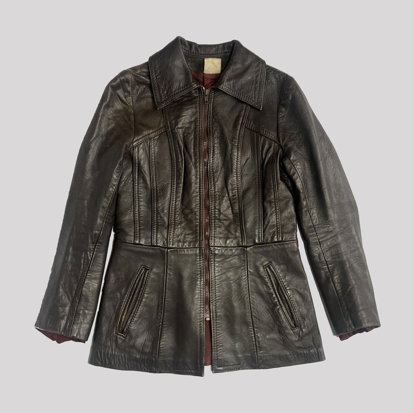 70's Fitted Leather Jacket with Peplum Hem in Brown - UK 10 