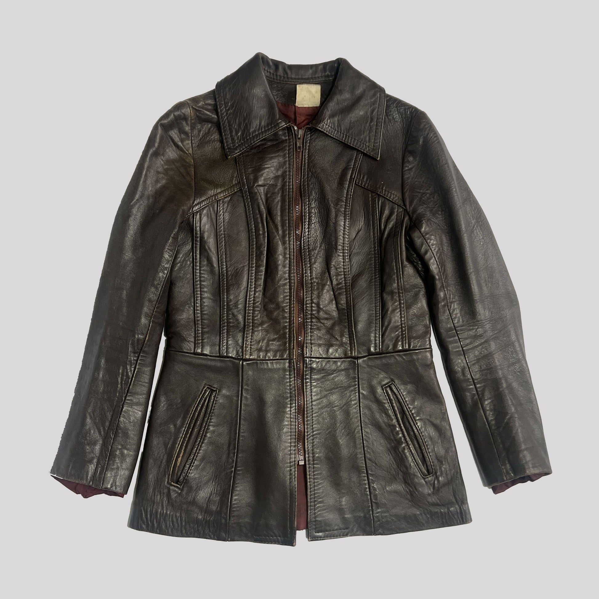 70's Fitted Leather Jacket with Peplum Hem in Brown - UK 10 
