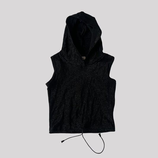 00's Sleeveless Hooded Top in Black Sparkly Nylon - XS