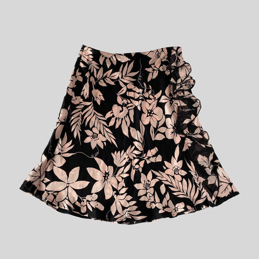 00's Blugirl Blumarine Silk Midi Skirt in Black and Pink Floral Pattern - XS