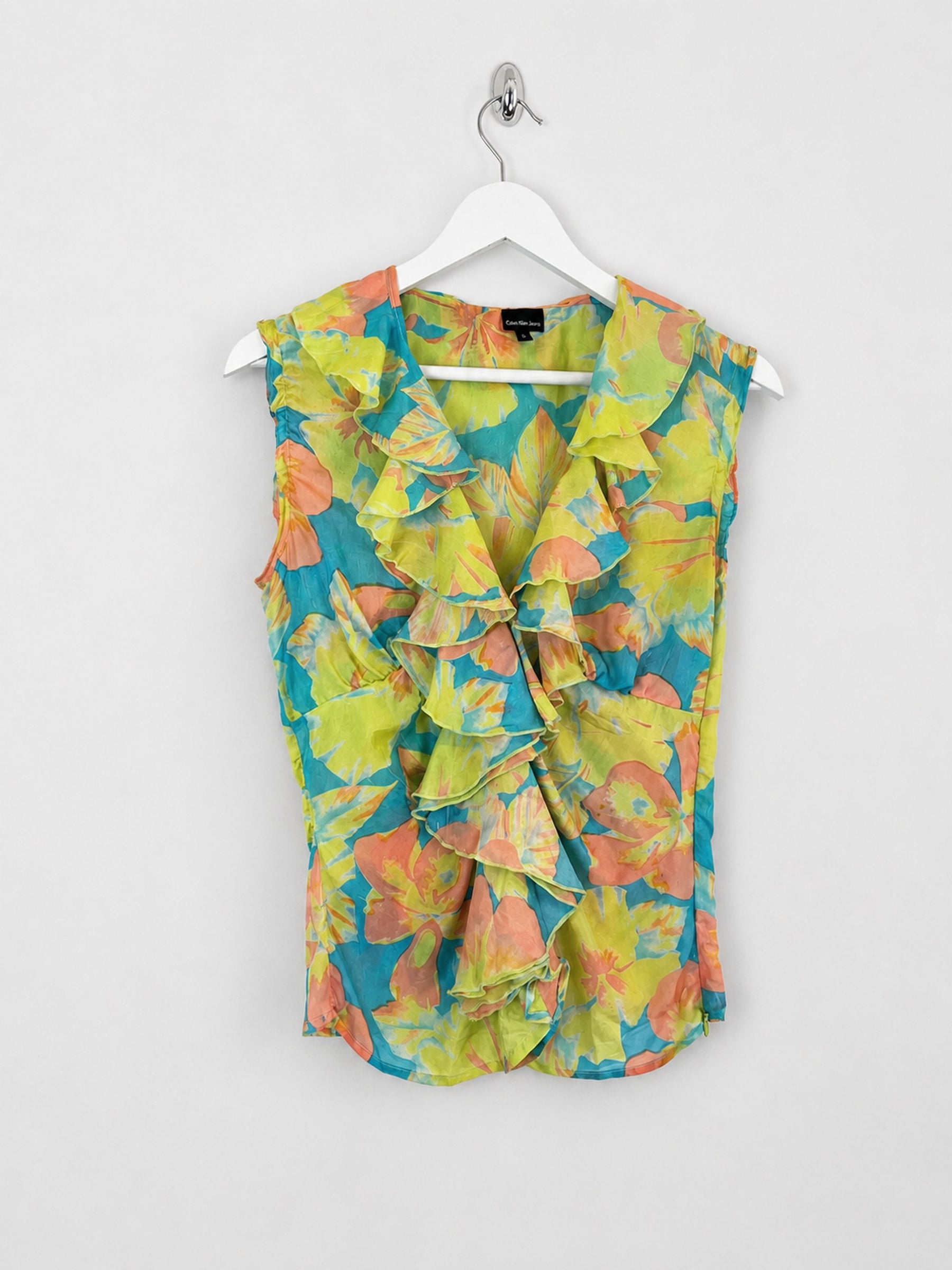 00's Calvin Klien Silk Ruffle Top in Green / Blue / Orange Floral Print - S
