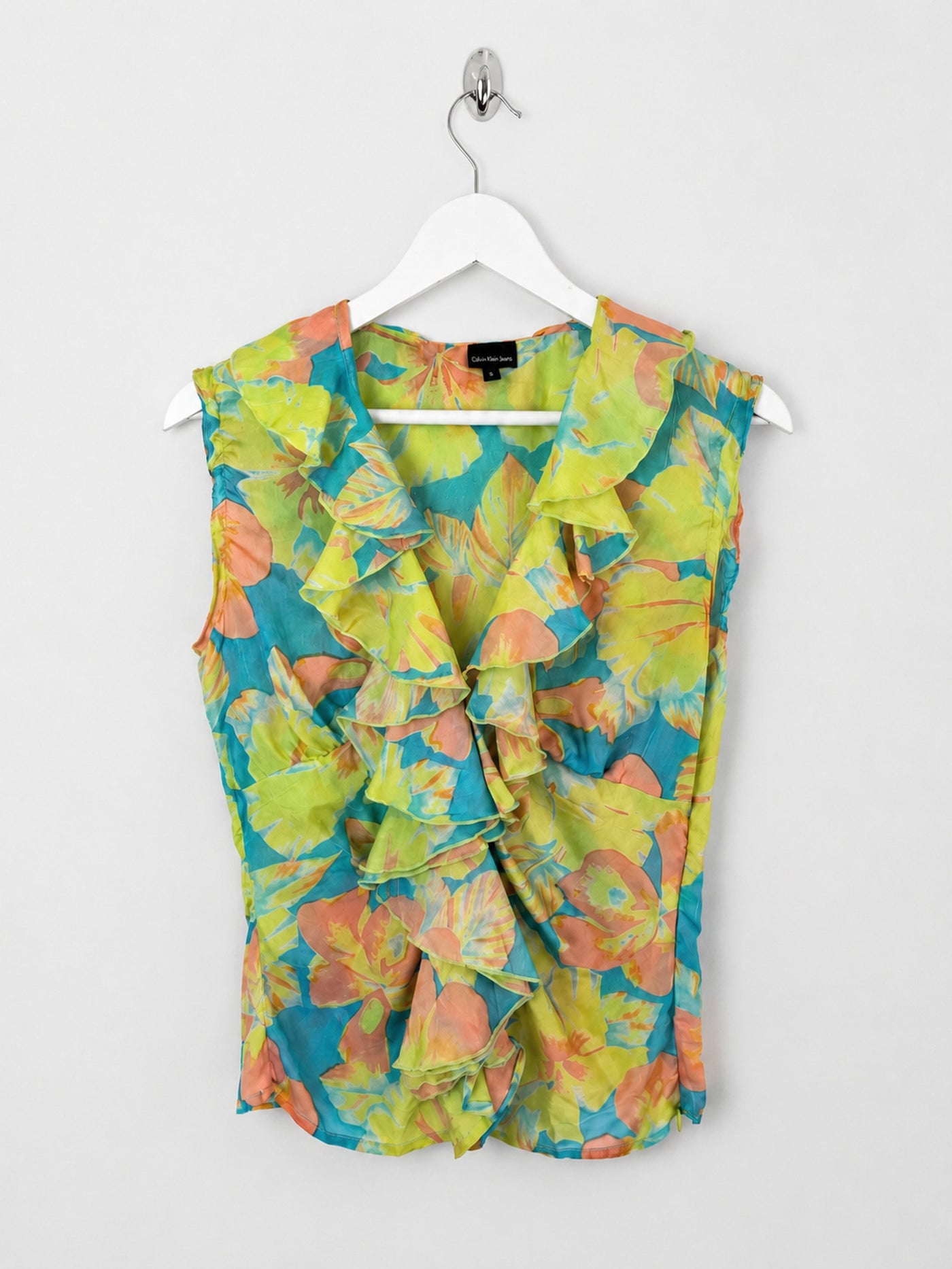 00's Calvin Klien Silk Ruffle Top in Green / Blue / Orange Floral Print - S