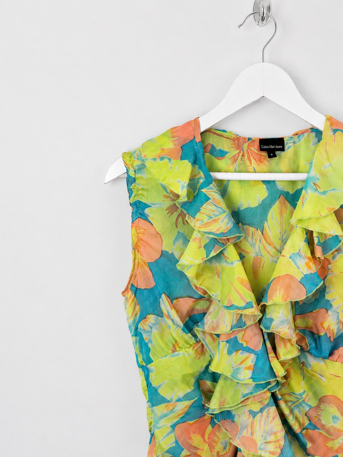 00's Calvin Klien Silk Ruffle Top in Green / Blue / Orange Floral Print - S