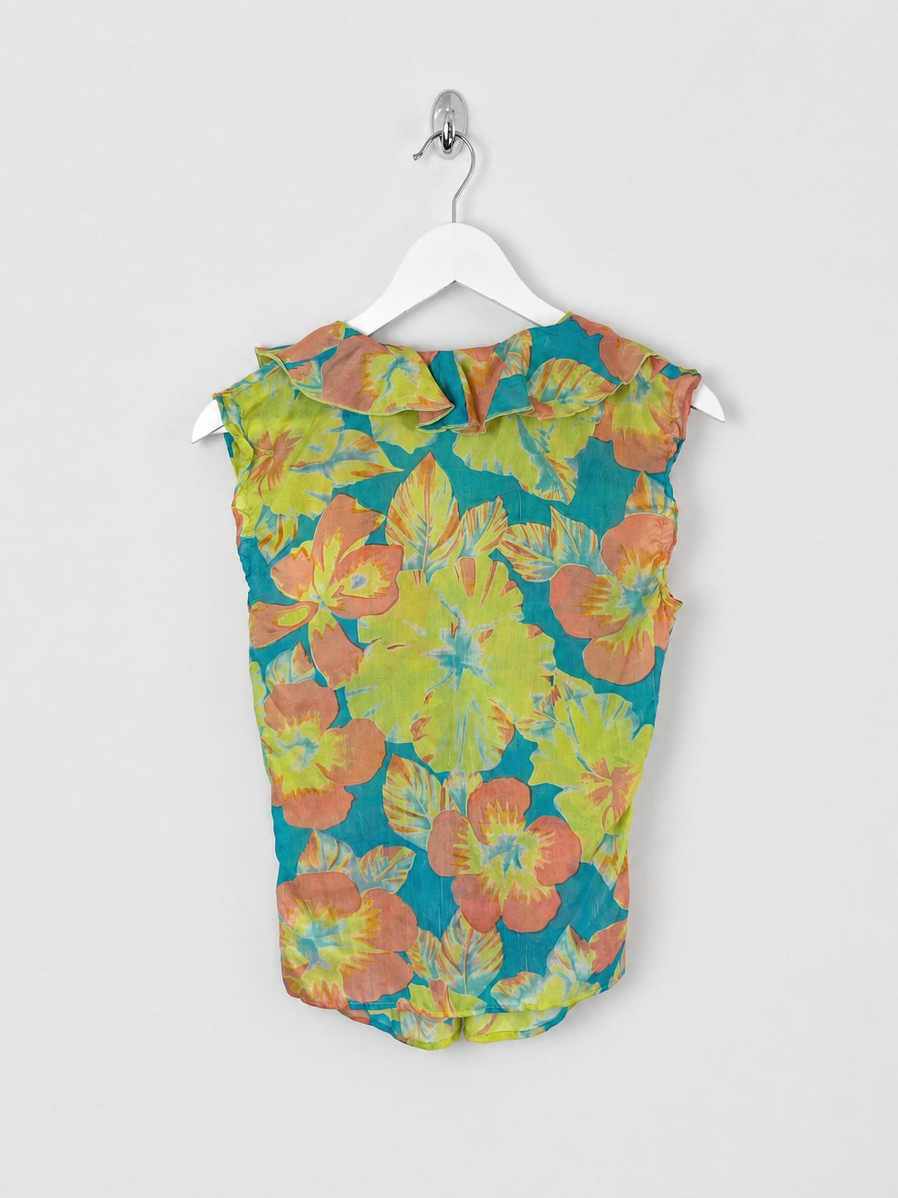 00's Calvin Klien Silk Ruffle Top in Green / Blue / Orange Floral Print - S