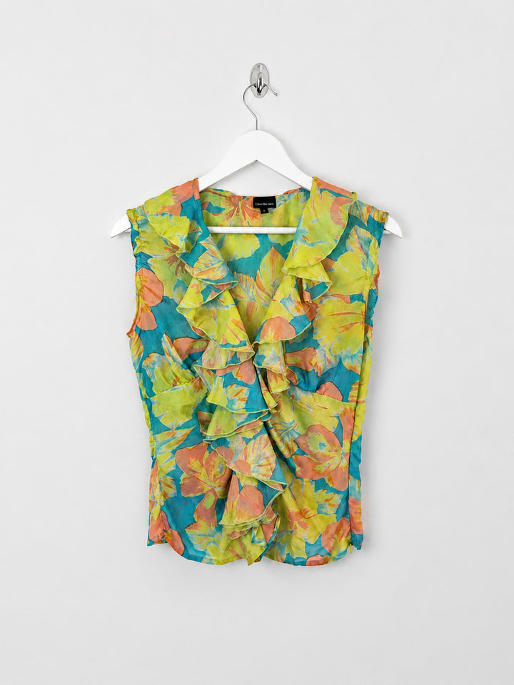 00's Calvin Klien Silk Ruffle Top in Green / Blue / Orange Floral Print - S